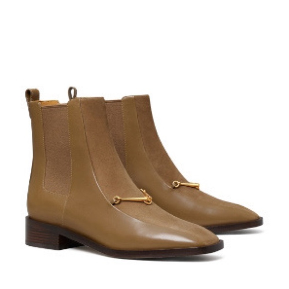 Tory Burch Tan Leather Chelsea Ankle Boots with Gold Accent